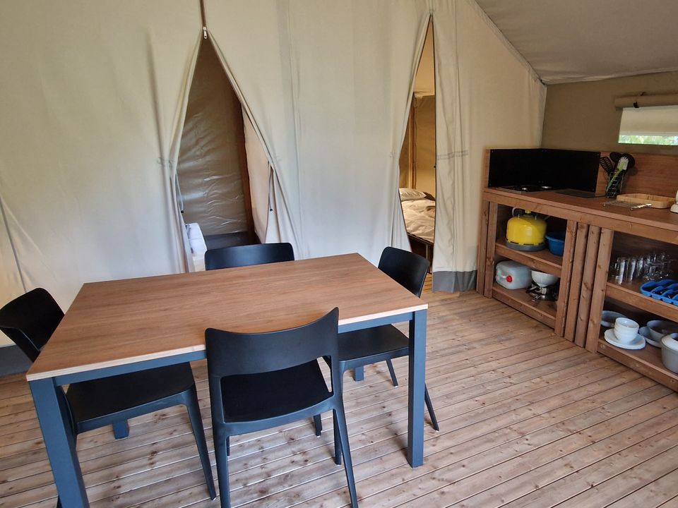 Les Coteaux du Lac - Mobil home - Tente en toile et en bois 5 personnes - Mini Wood Lodge 23m2 - 2ch terrasse couverte