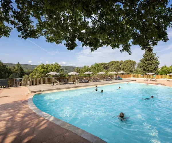 Piscine chauffée et solarium sous les pins