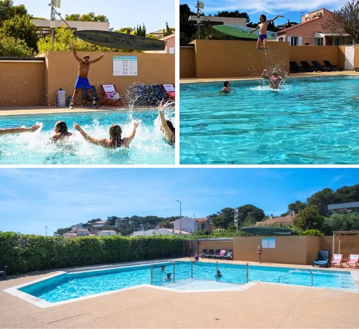 Une piscine chauffée avec solarium
